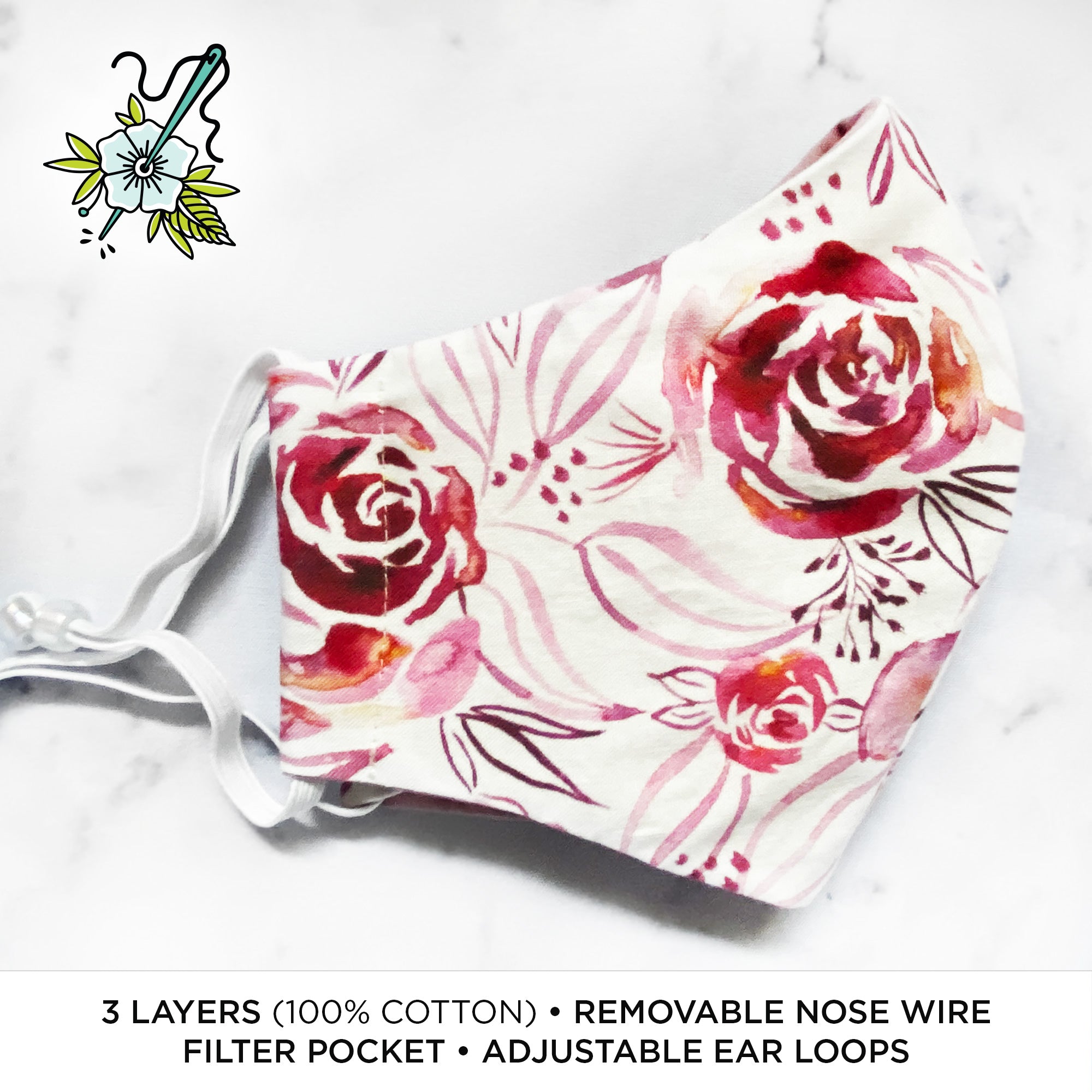 Moody Blooms "Roses in Magenta" Deluxe Olson Face Mask